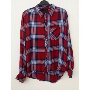 Vacate The Label Women's Red White Navy Plaid Flannel Like Rayon Button Down Top